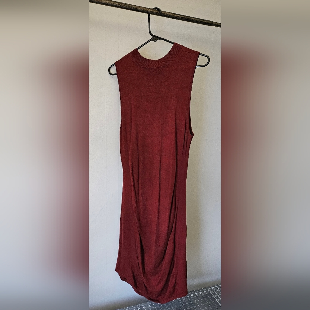 Express Burgundy Sleeveless Mock Neck Bodycon Midi Dress w/ Ruched Detailing - Picture 2 of 9